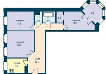 Трёхкомнатная квартира 88.7 м²